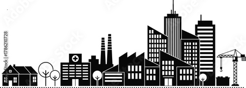 Cityscape silhouette, urban skyline, residential house, hospital building, industrial factory, office tower, skyscraper, construction crane, smoke stack, architecture, infrastructure, metropolitan,