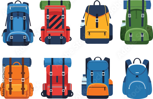 Collection of backpacks illustration, hiking bags, travel backpacks, camping gear, outdoor equipment, school bags, colorful designs, adventure luggage, tourism accessories