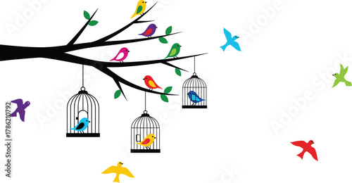 Colorful birds illustration, tree branch vector, birdcage artwork, tropical nature design, freedom and captivity concept, vibrant wildlife artwork, decorative