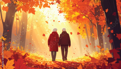 Elderly couple holding hands while walking through fall forest. Golden autumn leaves and a senior couple enjoying the day. Autumn stroll for seniors in a scenic fall landscape
