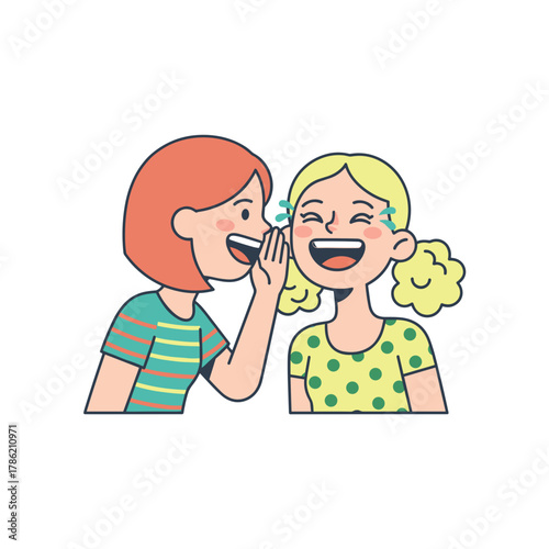 Two happy young women sharing secrets and laughing together outdoors with green leaves in the background and a sunny day