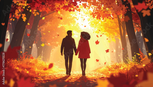 Couple walking in a colorful autumn forest full of leaves. Autumn romance: a couple strolling under golden fall foliage. Enjoying a serene autumn walk with vibrant red and orange leaves
