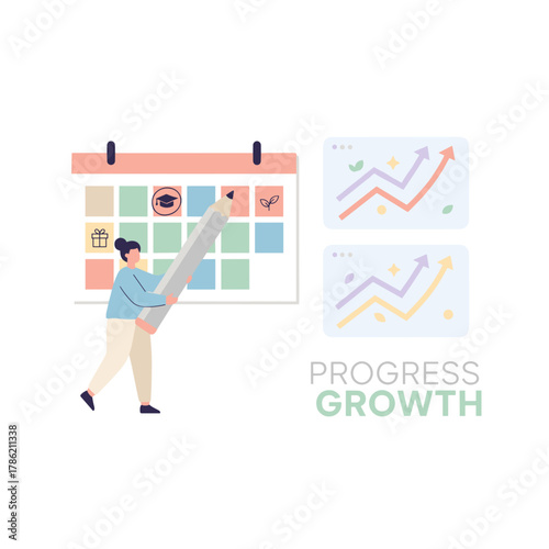 Strategist Planning Calendar With Progress Charts And Growth Arrows And A Woman Holding A Large Pencil Representing Business Strategy And Development