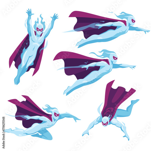 Super Hero Woman In Light Blue Costume And Purple Cape Flying In Different Dynamic Poses Against A Black Background Pixel Art Style