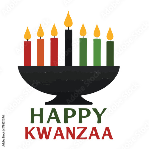 Traditional kwanzaa kinara with seven lit candles representing unity self determination collective work and purpose joy and faith