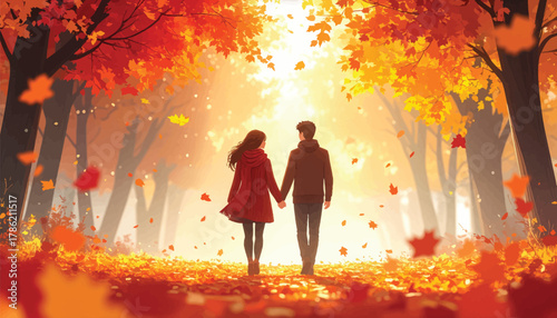 Couple walking hand-in-hand through autumn forest leaves. Beautiful autumn walk surrounded by falling red leaves. Romantic walk in a vibrant fall forest filled with golden leaves