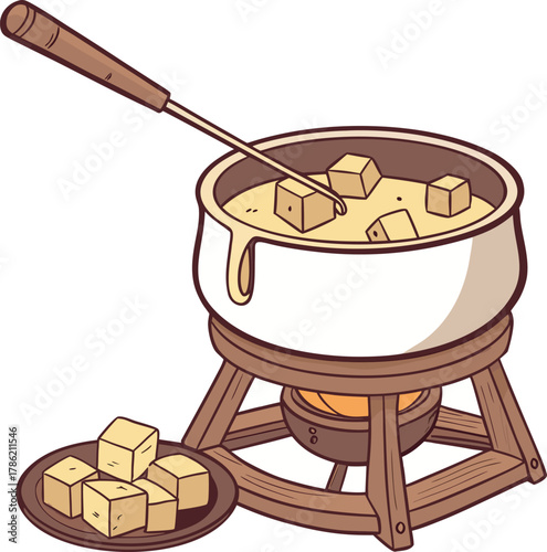 Delicious cheese fondue with bread cubes