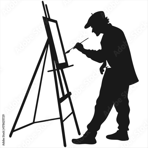 Silhouette of an male artist painting a canvas on an easel. vector illustration