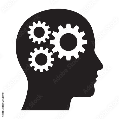 Black silhouette of a human head with three white gears visible inside, symbolizing mental processes, thinking, intelligence, business strategy, problem-solving, and logic.