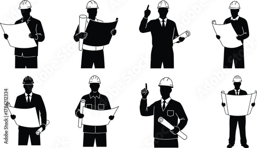 Construction engineer silhouettes, blueprint holders, helmet workers, planning poses, black vector, architecture professionals, site supervision, project management illustration