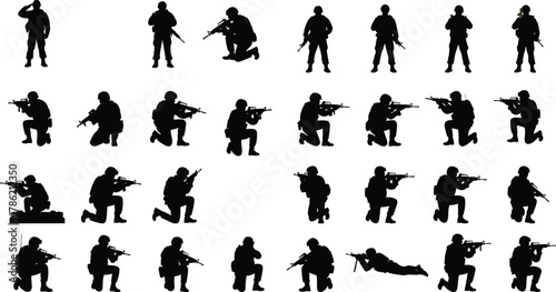 Soldier silhouette in tactical poses, black vector illustration, military combat stance, rifle action, training scene, armed forces, battlefield readiness
