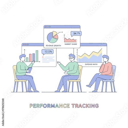 Three professionals in a meeting analyzing data charts and graphs on digital screens representing performance tracking and IT analytics in a minimalist abstract style illustration