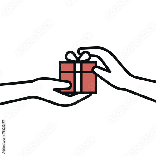 Two hands exchanging a red gift box with a white ribbon in a simple flat design with pastel colors against a black background representing generosity and celebration