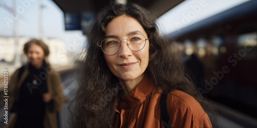 Young caucasian female with long hair and glasses at train station smiling