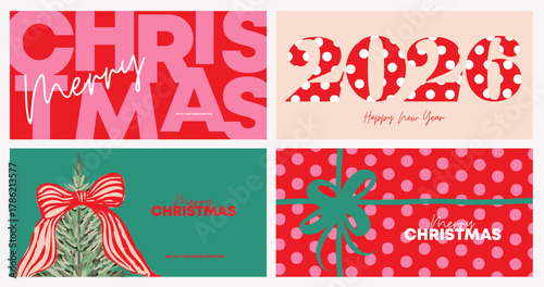Merry Christmas and Happy New Year greeting card Set. Modern beautiful Xmas design with Christmas tree with red bow, gift box and typography design. Minimal art banner, poster, cover, flyer