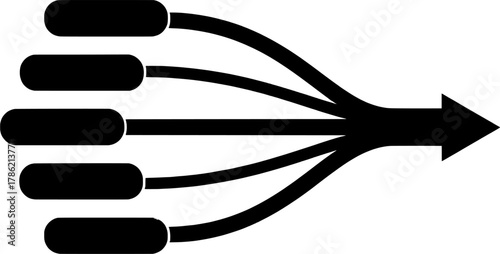 Minimal vector infographic of multiple lines converging into one arrow. Perfect for illustrating business strategy, teamwork, focus, and leadership concepts in modern UI/UX and workflow design.
