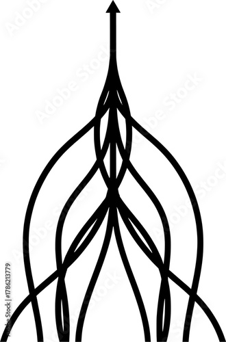 Multiple arrows merging into one upward direction. Concept of teamwork, leadership, and growth in business strategy.