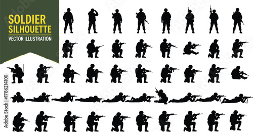 Soldier silhouette vector illustration, military poses, rifle aiming, combat stance, army figure, tactical position, war scene, black outline
