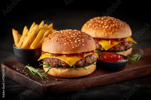 Juicy Burgers With Melted Cheese and Crispy Fries Served on a Wooden Platter at a Diner Details matter.