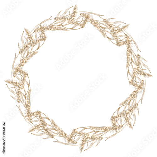 Wreath of wheat. Vector ink styled handmade illustration. For packaging design, cards, cover, prints, product labels and fabric.