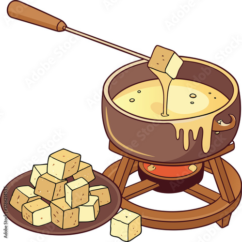 Delicious cheese fondue with bread cubes