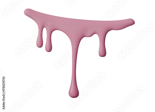 3D pink liquid drip isolated on white background. Glossy melting cream and candy texture. Abstract flow design perfect for dessert, paint, or cosmetic vector illustration and decoration