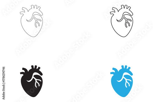 anatomical heart vector icon set, human heart logo symbol vector, silhouette and line art
