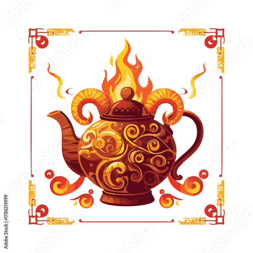 Ornate antique teapot with swirling patterns and fiery flames erupting from its lid framed by decorative borders