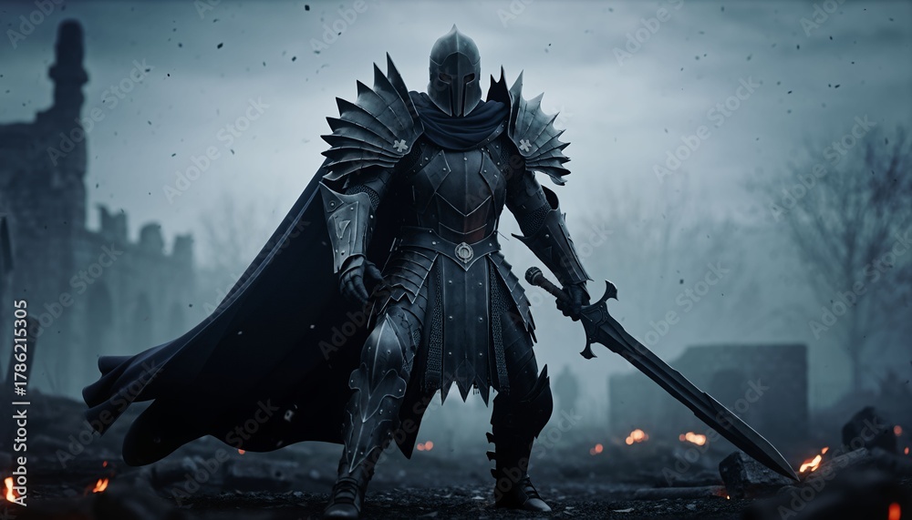 Obraz premium Illustration of Dark Knight in Full Armor with Sword on Battlefield