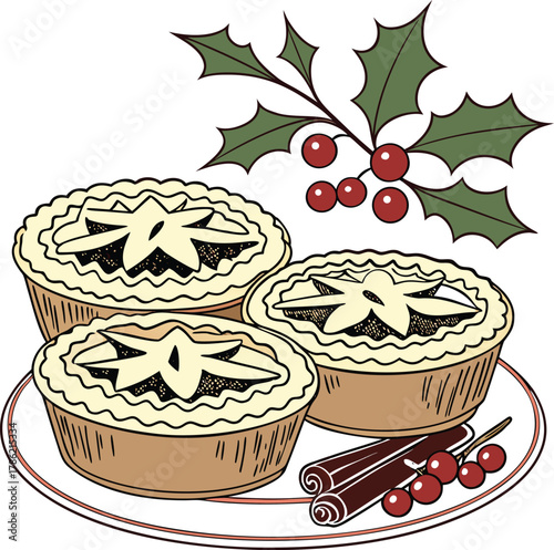 Mince pies with holly and cinnamon