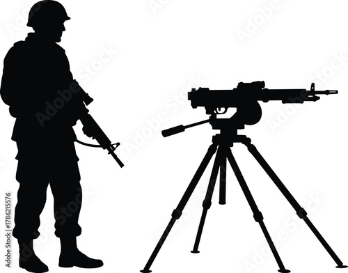 Soldier silhouette, military rifle, tripod machine gun, army gear, combat scene, war illustration, defense weapon, black white graphic, battlefield pose