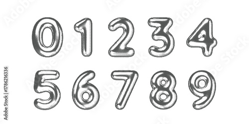 Retro bitmap numbers in 3D pixel style with halftone texture and dither gradient. Abstract monochrome Y2K design inspired by vintage video games and 8bit computer graphics