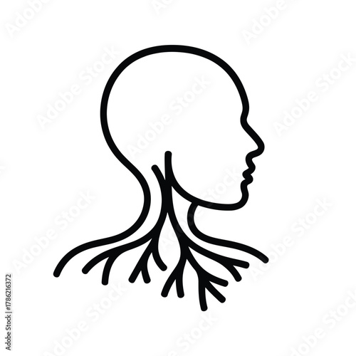 Stylized outline of human head and neck with branching nerve pathways