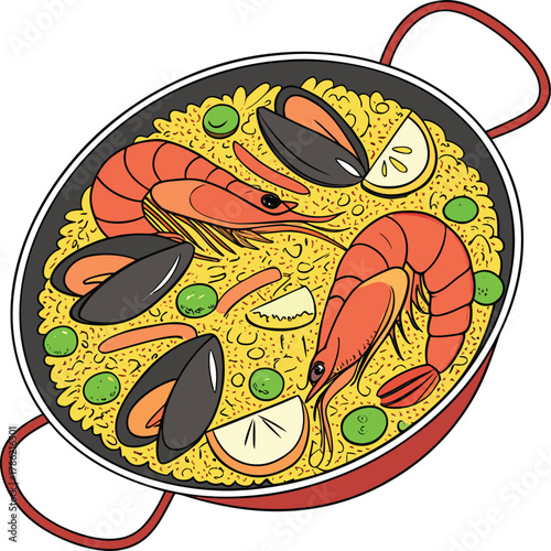 Delicious paella with seafood, rice, and lemon