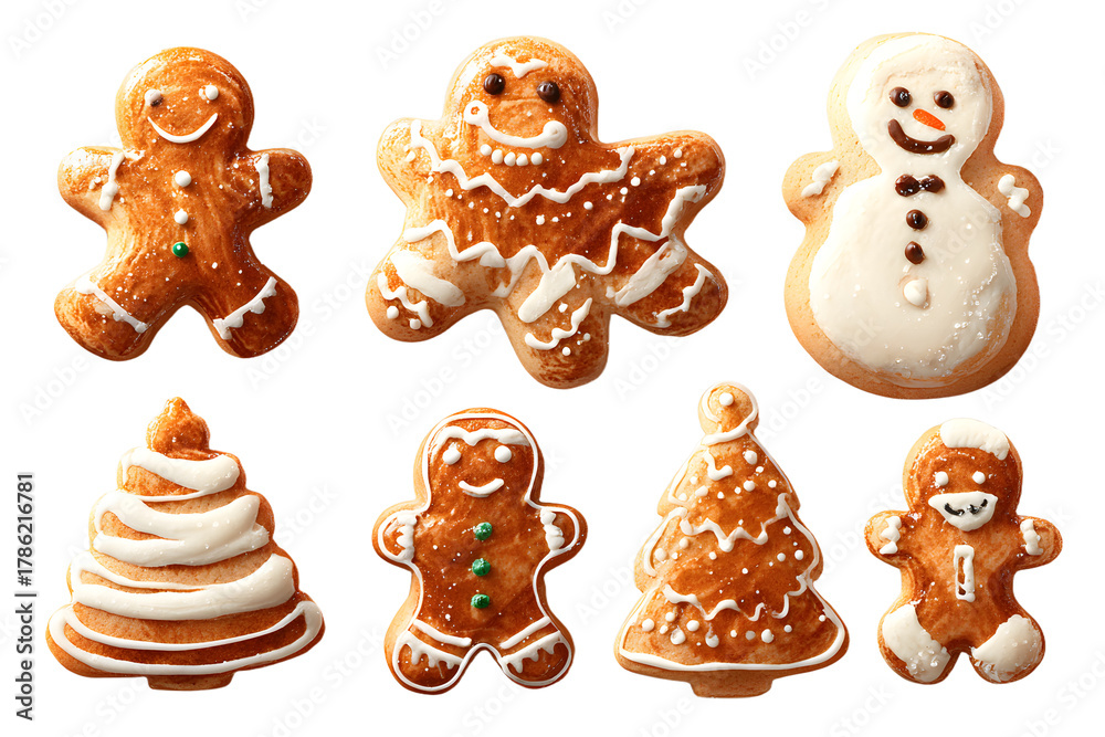 Fototapeta premium Collection of various gingerbread men cookies isolated on transparent background
