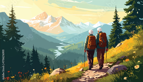 Seniors hike floral path toward snowy peaks. Alpine elders journey through bright trails. Scenic mountain walk in bloom season. Snow peak valley trek for seniors