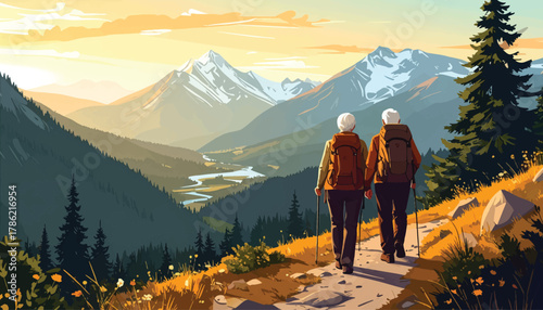 Senior hikers explore bright alpine ridge. Golden mountain walk for older travelers. Mature explorers trek warm highlands. Scenic senior hike at sunset valley