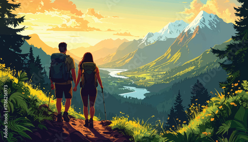 Couple hikers gaze over bright alpine valley. Summer trekking pair above winding river. Mountain explorers rest at lush green ridge. Scenic hikers admire river valley sunset