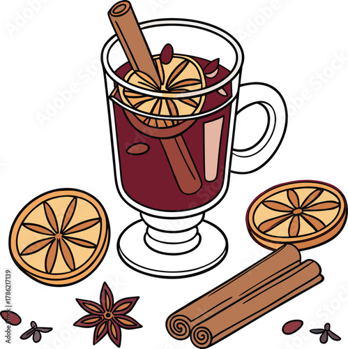 Illustration of mulled wine with spices