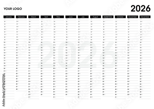 2026 Year planner. Wall calendar design template, clean. Horizontal annual worldwide printable wall planner, diary, activity template with dates, days of the month and space for personal notes. Vector