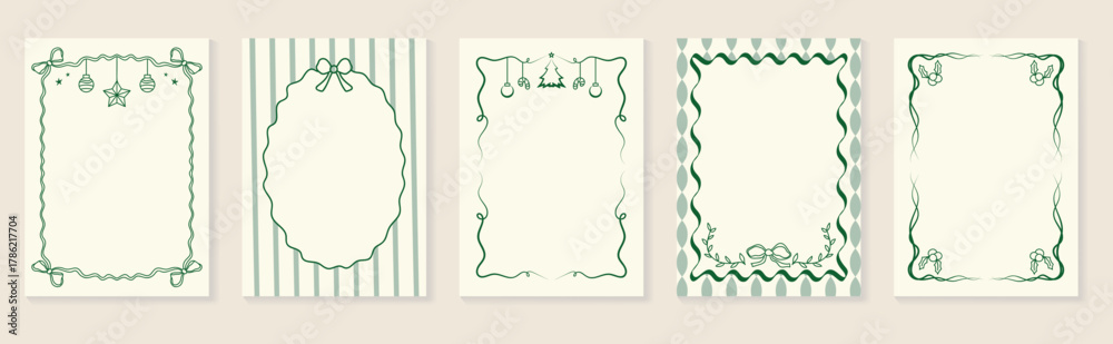 Naklejka premium Christmas frame vector illustration set with red and green ribbons, bows, holly leaves and festive decorations — elegant holiday design for greeting cards, invitations, posters and packaging prints.