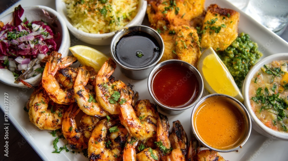 Fototapeta premium Grilled Shrimp Platter with Colorful Sides and Dipping Sauces Perfect for Summer Gatherings and Culinary Photography