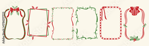 Christmas frame vector illustration set with red and green ribbons, bows, holly leaves and festive decorations — elegant holiday design for greeting cards, invitations, posters and packaging prints.