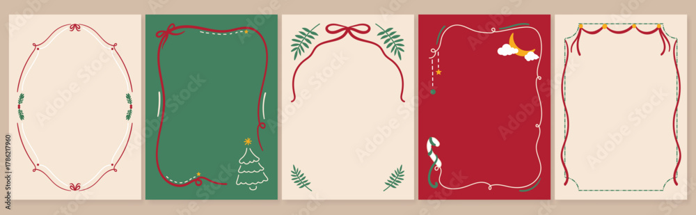 Obraz premium Christmas frame vector illustration set with red and green ribbons, bows, holly leaves and festive decorations — elegant holiday design for greeting cards, invitations, posters and packaging prints.