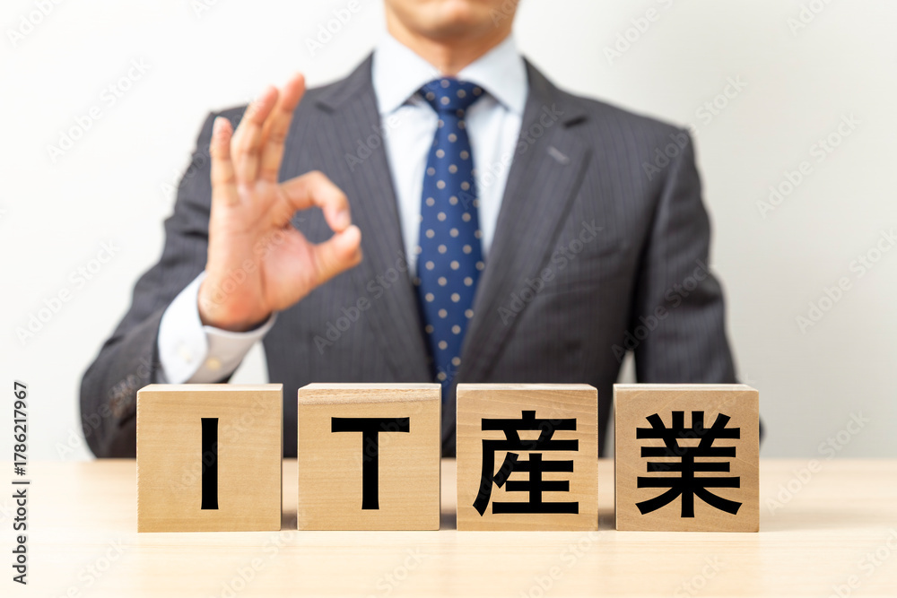 Obraz premium 「IT産業」と書かれたブロックとOKポーズをするビジネスマン