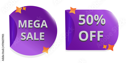 Purple color discount sticker tag. 50% off , Mega Sale tag paper price banners