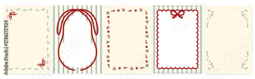 Christmas frame vector illustration set with red and green ribbons, bows, holly leaves and festive decorations — elegant holiday design for greeting cards, invitations, posters and packaging prints.