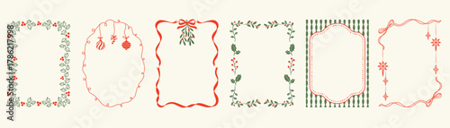 Christmas frame vector illustration set with red and green ribbons, bows, holly leaves and festive decorations — elegant holiday design for greeting cards, invitations, posters and packaging prints.