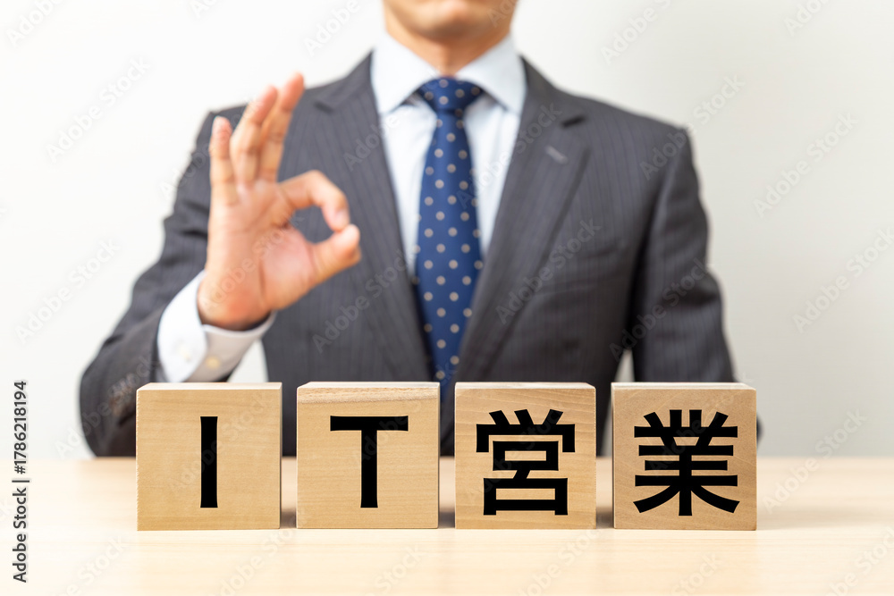 Obraz premium 「IT営業」と書かれたブロックとOKポーズをするビジネスマン