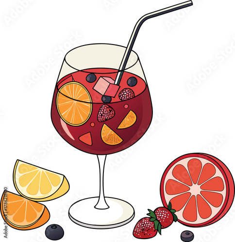 Glass of refreshing sangria with fruits